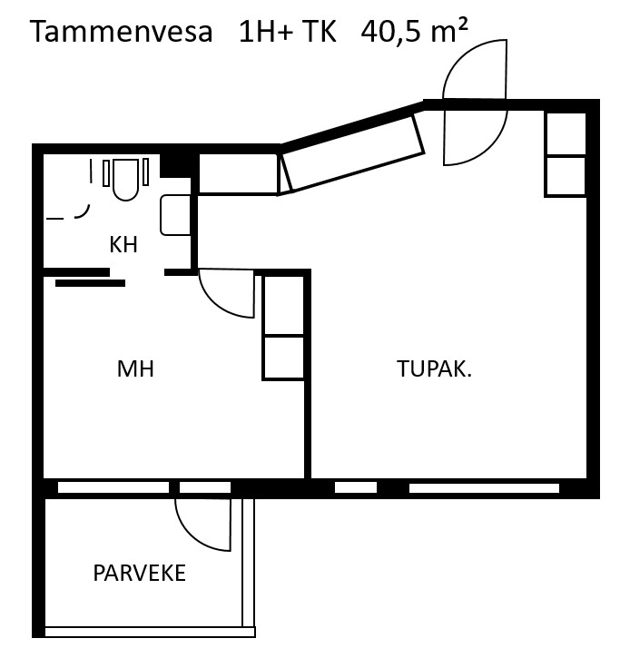 Tammenlevassa sijaitsevan 40,5 neliömetrin 1H+TK asunnon pohjapiirrustus. Asuntoon astutaan sisään tupakeittiöön, josta on käynti makuuhuoneeseen ja sen yhteydessä olevaan kylpyhuoneeseen. Parvekkeelle kulku tapahtuu makuuhuoneesta.