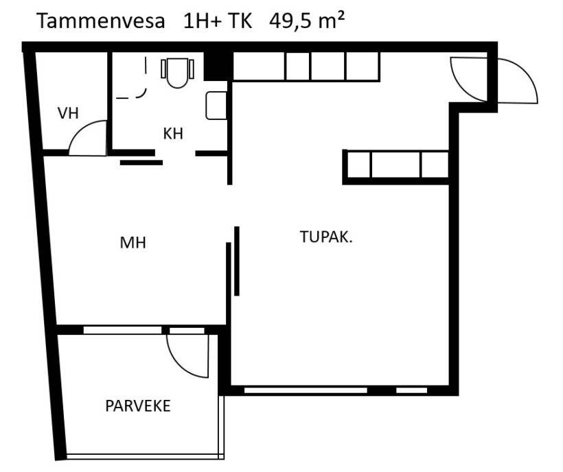 Tammenvesassa sijaitsevan 49,5 neliömetrin 1H+TK asunnon pohjapiirrustus. Asuntoon astutaan sisään tupakeittiöön, josta on käynti makuuhuoneeseen ja sen yhteydessä oleviin vaatehuoneeseen sekä kylpyhuoneeseen. Parvekkeelle kulku tapahtuu makuuhuoneesta.